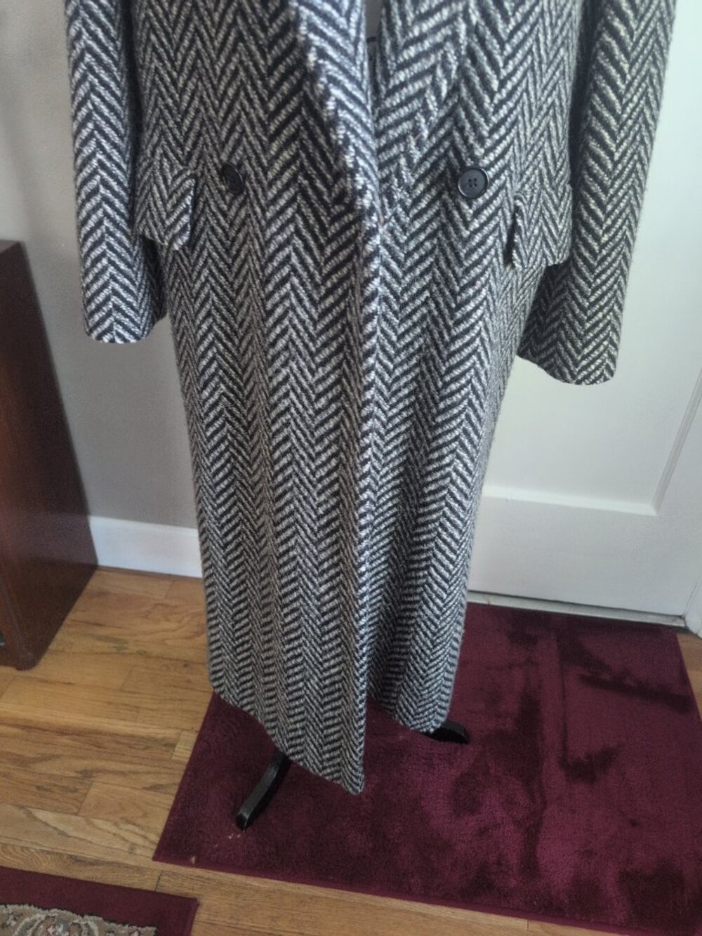 Retro Oversized Double Breasted Chevron Coat 100% Wool Sz 8 - Picture 5 of 13